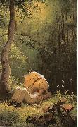 Carl Spitzweg Der Maler auf einer Waldlichtung, unter einem Schirm liegend painting